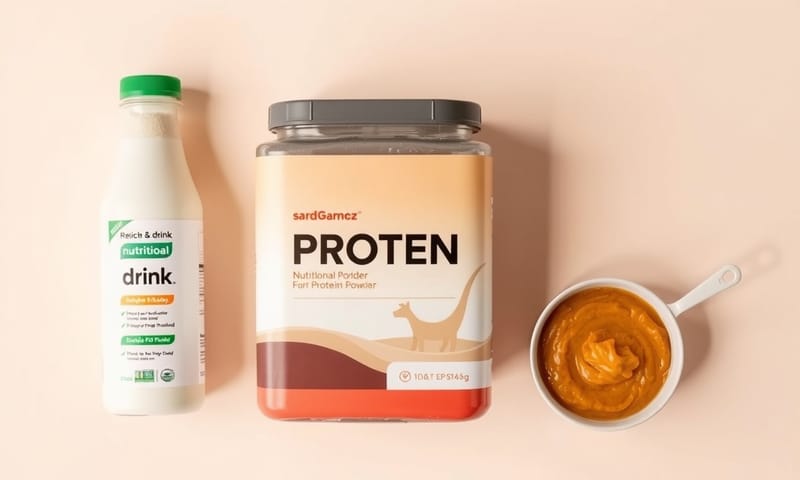 不同形式的營養補充品，包括飲品、粉末與餐點