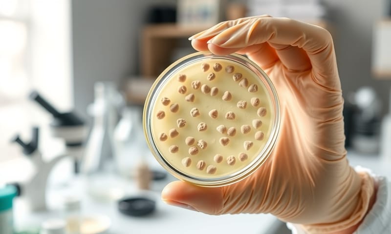 實驗室人員正在檢視培養皿中的益生菌菌落。