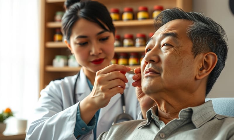 中醫師進行耳部周圍針灸治療的場景