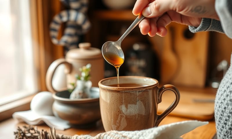 一個舒適的廚房場景，有人正在將蜂蜜加入一杯熱茶中