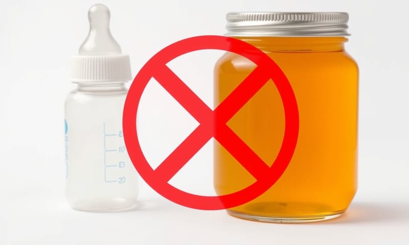 一個奶瓶旁邊放著一罐蜂蜜，蜂蜜罐上有一個紅色的禁止符號