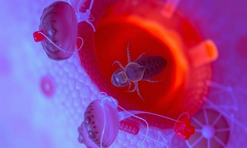 蠕形蟎蟲在顯微鏡下的樣貌，與酒糟的關聯性是近年研究重點