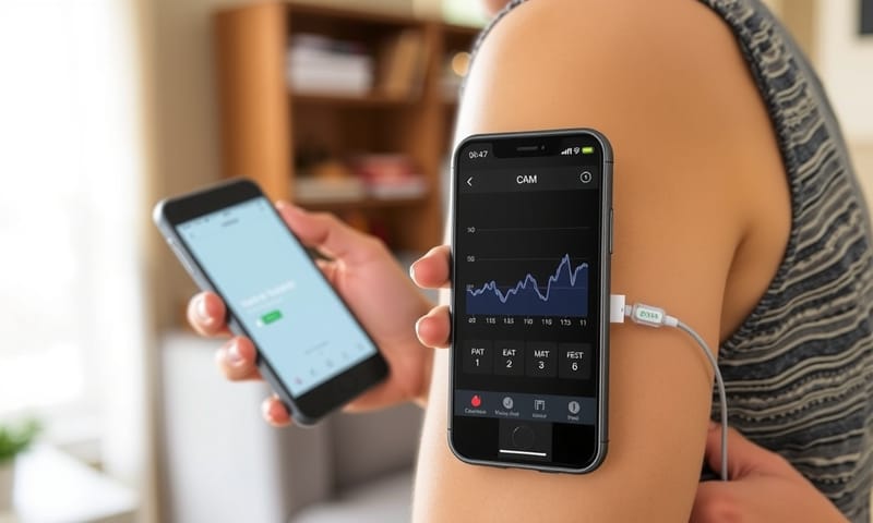 一個手臂上的連續血糖監測器 (CGM) 與顯示數據的手機