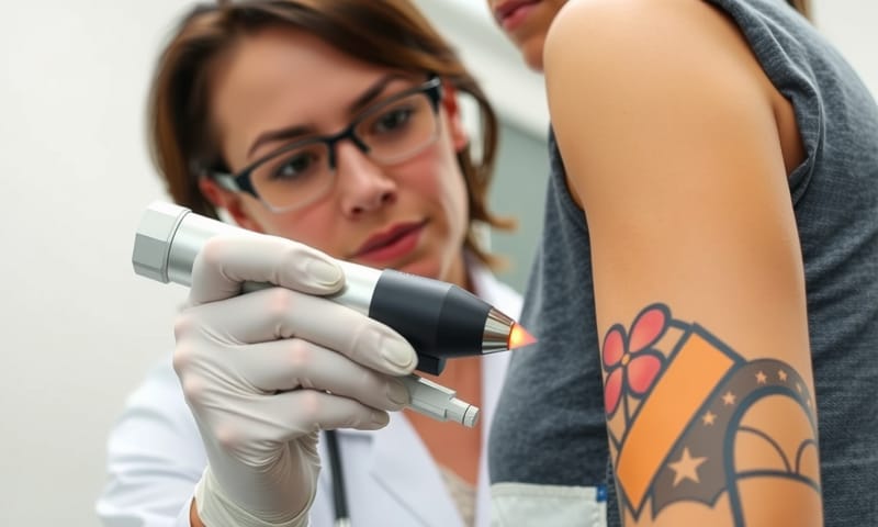 醫師正在評估刺青顏色以選擇合適的雷射波長