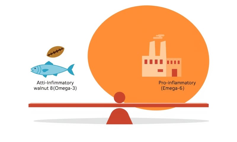 一個理想的飲食平衡示意圖，抗發炎與促發炎的蹺蹺板
