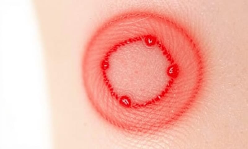 蜱蟲叮咬後可能出現的典型靶心狀紅斑（遊走性紅斑）