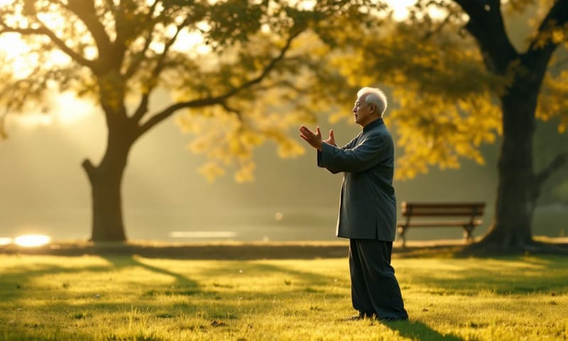 清晨公園裡的氣功練習，感受身體與自然的流動。