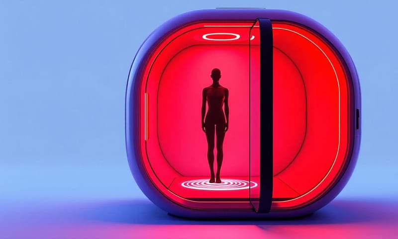 Total Body Enhancement 機器的內部示意，結合了紅光燈管與震動平台。