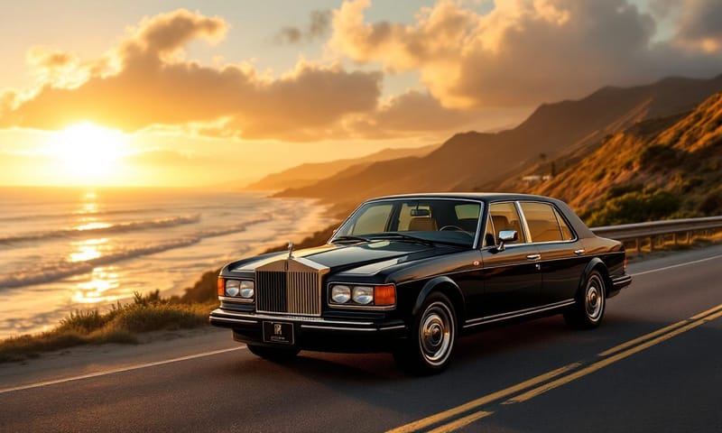 示意圖：一台 80 年代末期的勞斯萊斯，停在加州馬里布的太平洋海岸公路上，背景是夕陽餘暉。