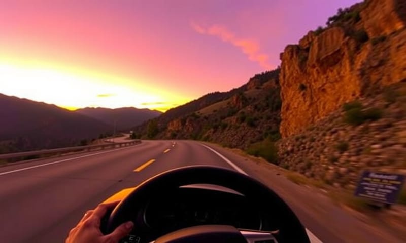 示意圖：從駕駛座視角看出去，一條狹窄、沒有路肩的雙線道山路在黃昏時蜿蜒而上，右側是陡峭的峽谷。