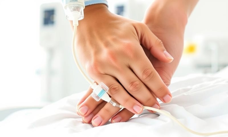 概念插畫：在明亮但冰冷的醫院病房裡，兩隻手緊緊握在一起。一隻手連著點滴，另一隻手從旁伸出，給予安慰。