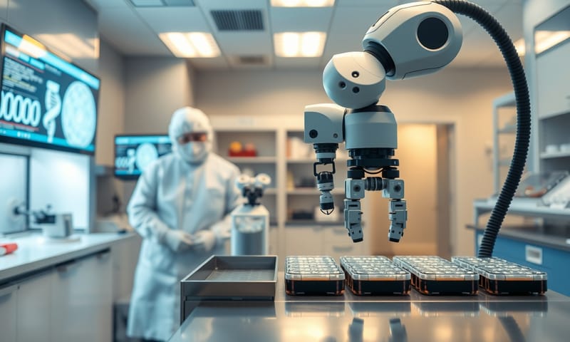 基因編輯工作通常在這樣高度潔淨的實驗室環境中進行。   A modern, brightly lit biotechnology laboratory cleanroom. In the background, a scientist in full sterile gear is looking at a monitor displaying genetic data. The foreground shows a robotic arm precisely handling petri dishes on a stainless steel counter. Cinematic, slightly blueish tone, sharp focus, conveying a sense of precision and advanced technology.