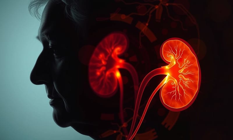 這個技術的終極目標：為等待的患者帶來生命的希望。   Double exposure style. A silhouette of a thoughtful, hopeful-looking senior person's profile is combined with an abstract, glowing visualization of a healthy kidney's internal vascular structure. Soft, warm, and inspirational lighting against a dark background. The mood is one of quiet optimism and medical breakthrough.