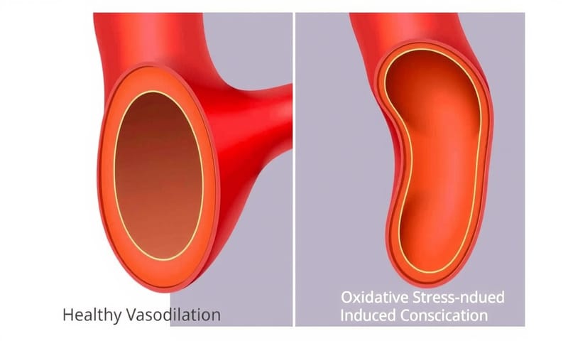 左邊是健康的血管，可以正常舒張；右邊則是長期處於氧化壓力下，難以放鬆的血管狀況。