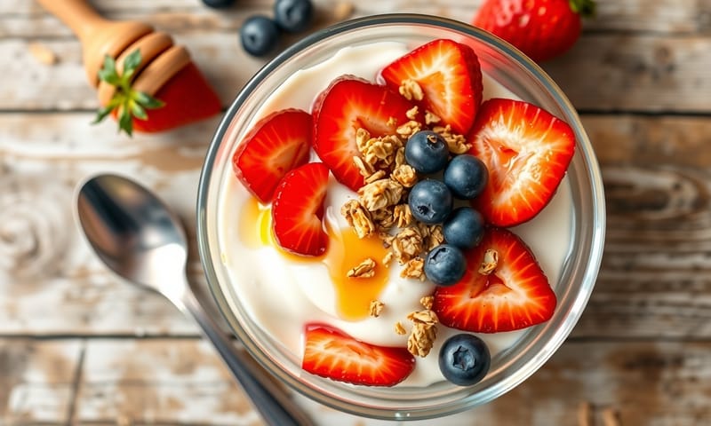 完美的早餐：自製優格、新鮮草莓和一點穀物脆片