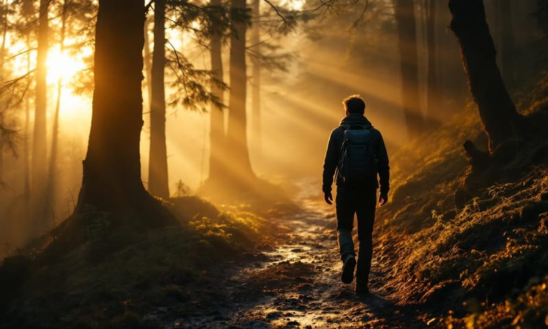 陽光穿透森林，一個人在步道上獨自前行，光影交錯，營造出寧靜與自我對話的氛圍。
