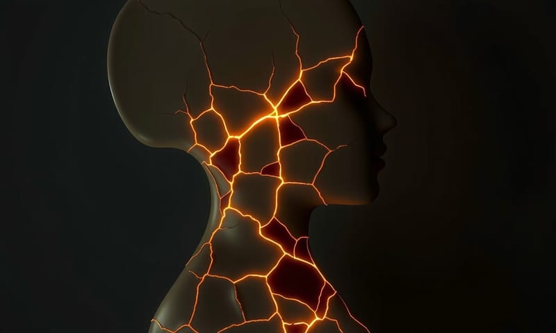 一個人形輪廓由破碎的陶瓷構成，但裂縫中發出溫暖的金色光芒，象徵從壓力與挑戰中變得更強大、更有韌性。