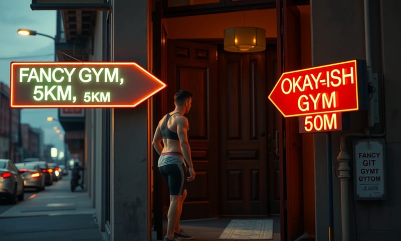 一個穿著運動服的人站在家門口，猶豫不決地看著兩個方向的霓虹燈指示牌，一個指向遠方的「高級健身房」，另一個指向近處的「還行的健身房」。   A realistic, slightly humorous photo. A person in workout clothes is hesitating at their front door. A neon sign pointing one way says "FANCY GYM, 5KM" and another neon sign pointing the opposite, very close direction says "OKAY-ISH GYM, 50M". The person is clearly looking at the closer sign. Urban street setting at dusk, cinematic lighting.