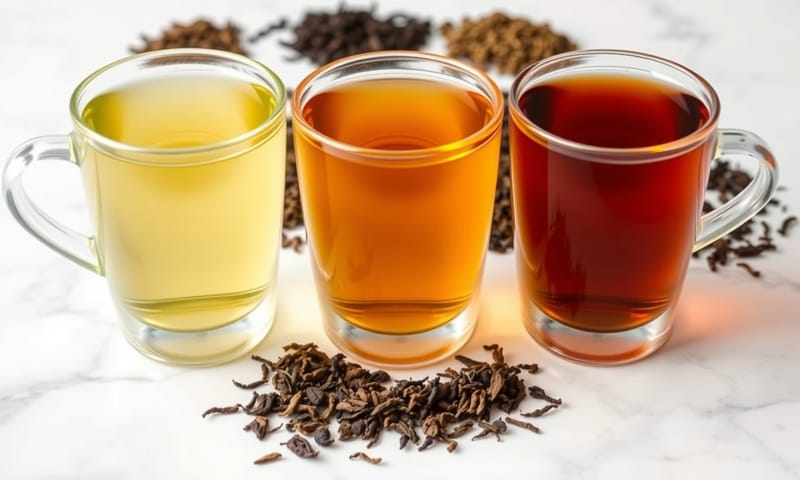 玻璃杯中並列的綠茶、烏龍茶與紅茶茶湯