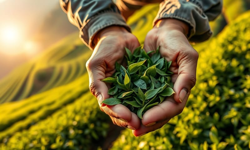 一位茶農在晨光中的有機茶園裡，雙手捧著剛採摘的嫩葉