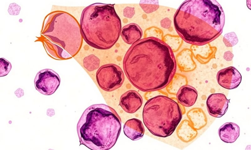 顯微鏡下的抽象視野：細胞與人造材料的初次接觸。