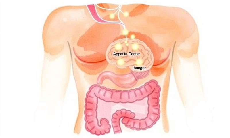 藥物與大腦溝通的流程示意：腸道釋放的荷爾蒙信號如何影響大腦的食慾中樞。