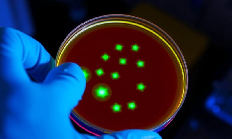 實驗室篩選：帶有螢光標記基因的細菌在紫外線下發光