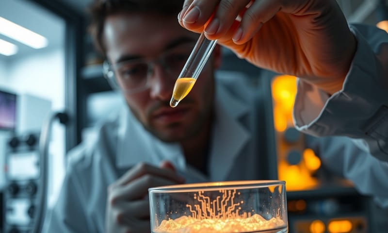 科學家正在將 AI 生成的 DNA 注入細菌中，測試它是否能「開機」。   Cinematic, slightly dark photo of a scientist in a modern biolab, pipetting a glowing liquid from a test tube into a petri dish. The focus is on the petri dish, which has an abstract, faint pattern reminiscent of a computer circuit board. High-tech equipment in the background, out of focus. Represents the synthesis of AI-designed DNA.