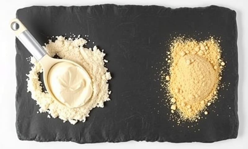 左邊是正常的乳清蛋白粉，質地細膩；右邊則是劣質品，明顯結塊且顏色詭異。