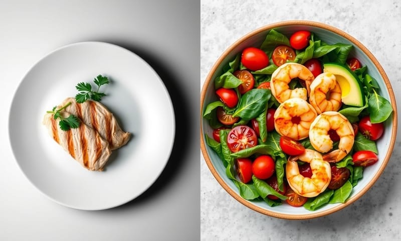 無聊的雞胸肉餐盤與有趣的蝦仁沙拉餐盤對比
