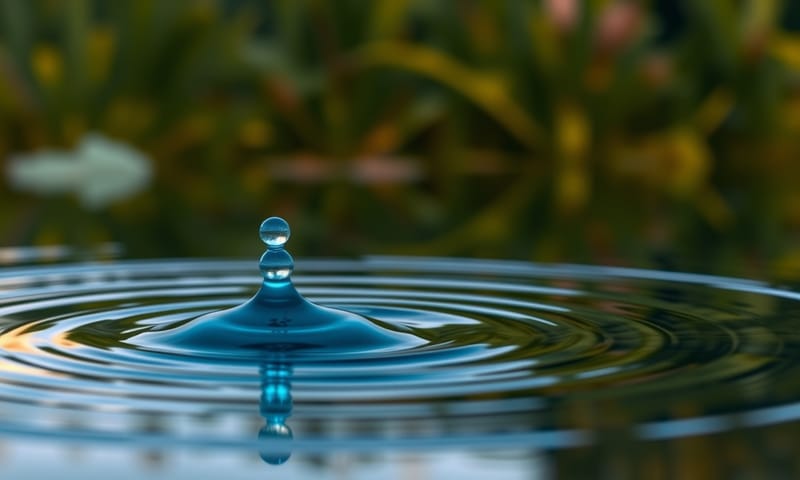 一滴發光的奇異液體，正滴入平靜的自然水域中