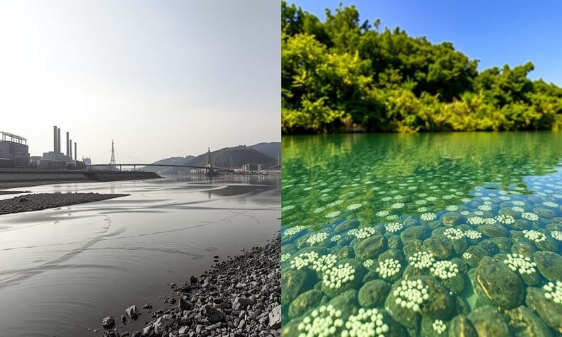 對比圖：左邊是污染的工業區，右邊是被鏡像生物淨化後恢復生機的景象