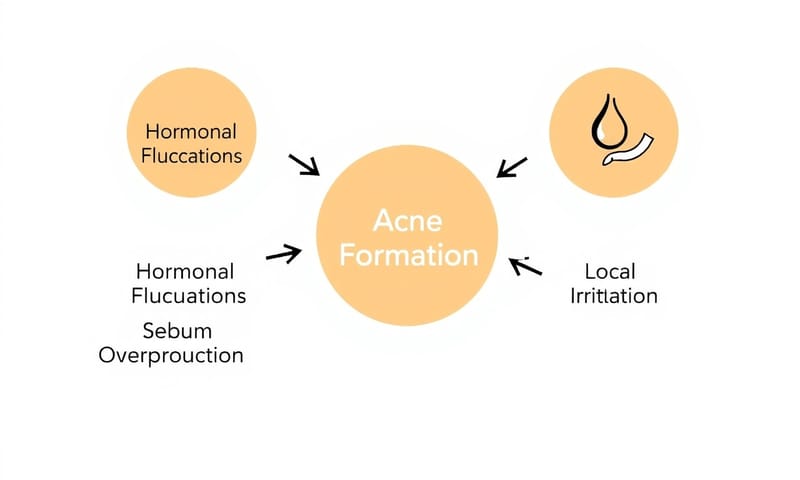 痘痘成因示意圖：荷爾蒙波動、皮脂過剩與局部刺激的交互作用。