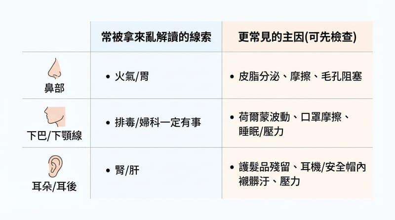 圖2｜收尾：鼻子／下巴／耳朵長痘的「線索 vs 主因」一眼對照