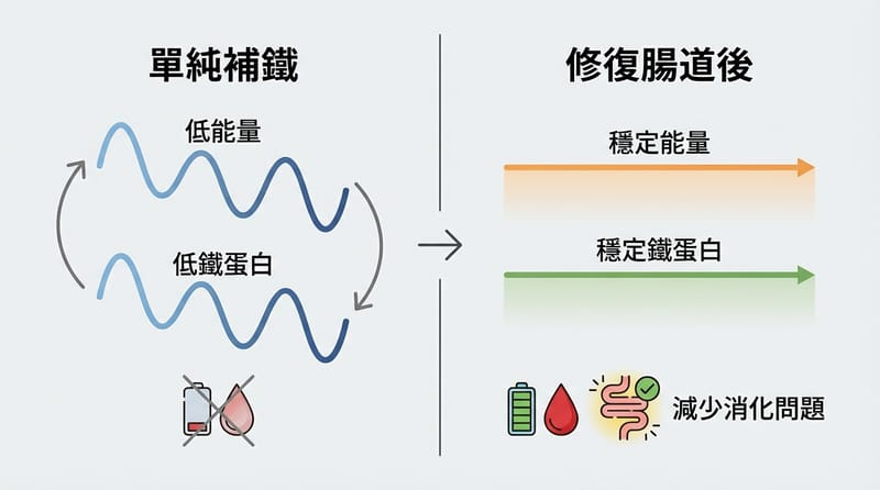 前後對照：只補鐵 vs. 調腸道後補鐵