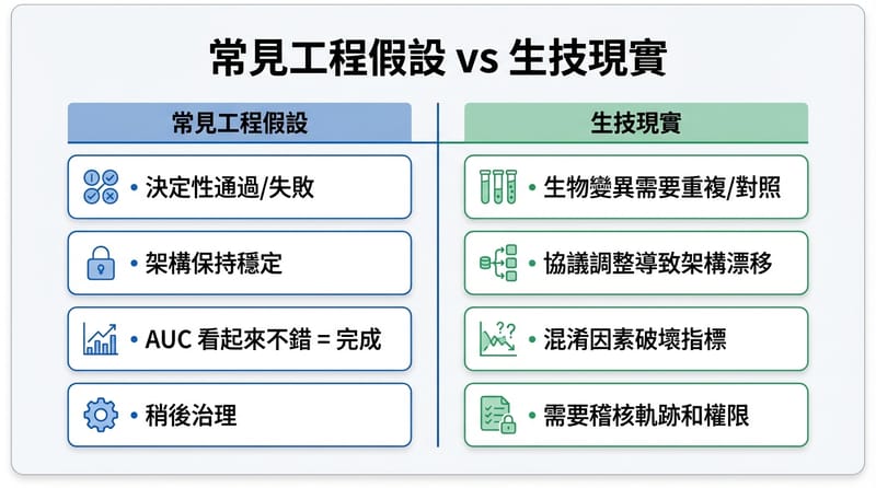 圖片 3（轉折處｜比較或細節｜Type 5 雙欄對照）：工程腦套進生物時最常翻車的地方