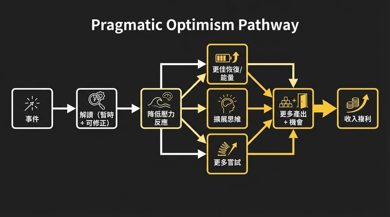 圖片 1（前段／總覽）：「務實樂觀」怎麼一路影響到健康、腦袋、收入的流程圖