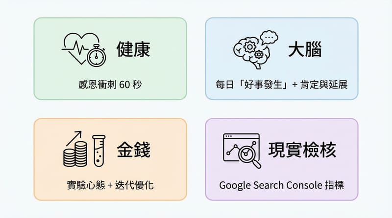 圖片 4（結尾前／總結）：三個工具的懶人包圖卡（健康／腦袋／收入）