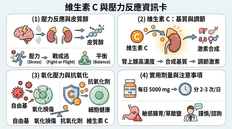 核心拆解：壓力、皮質醇、維 C、抗氧化在同一張圖上