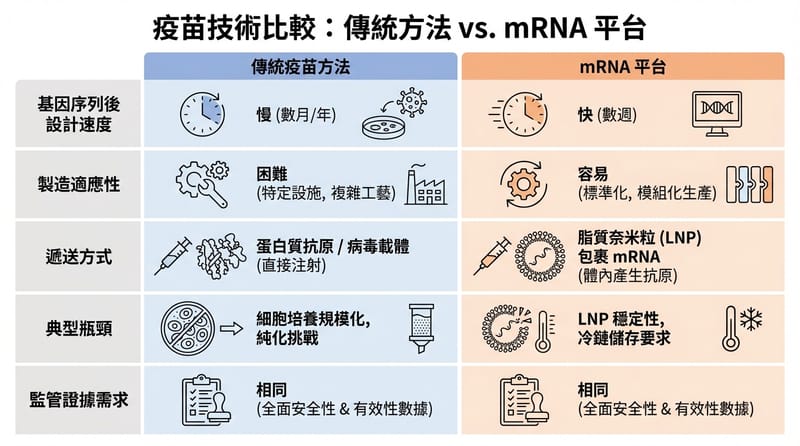 轉折比較圖：同樣是「做疫苗」，mRNA 跟傳統路線在節奏上差在哪