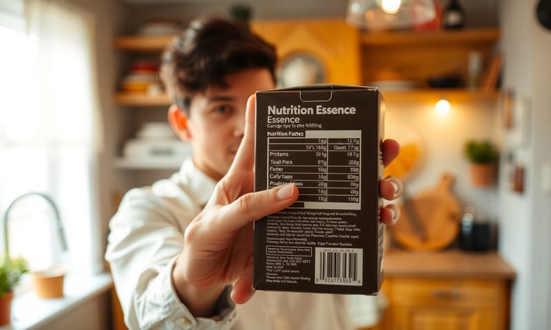 在廚房裡仔細閱讀滴雞精的營養標示