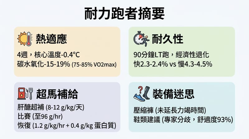 結尾前的懶人包：把今天講的「熱、耐久度、吃、穿」放在同一張圖上。