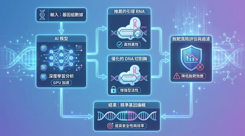 核心機制詳解（示意）：AI 如何支援 guide RNAs 與脫靶風險的預測與篩選