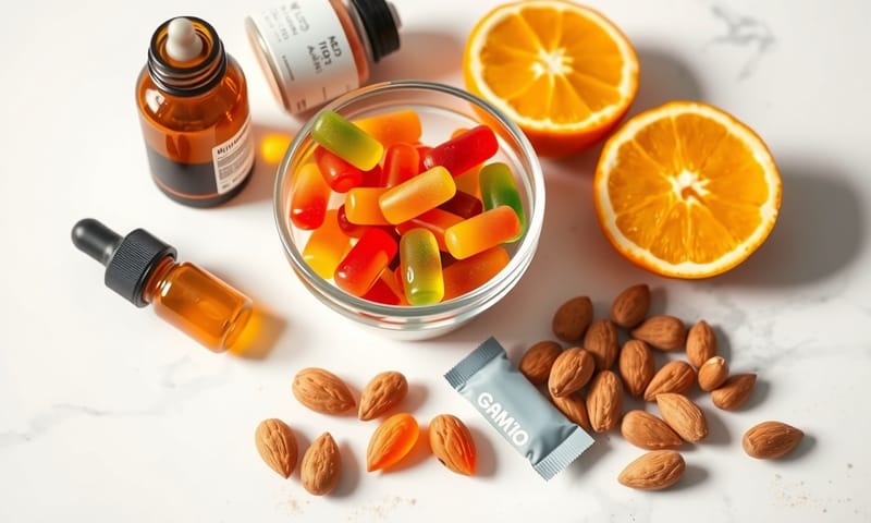 廚房中島上放著各種劑型的兒童營養品，像是軟糖、滴劑、粉包。