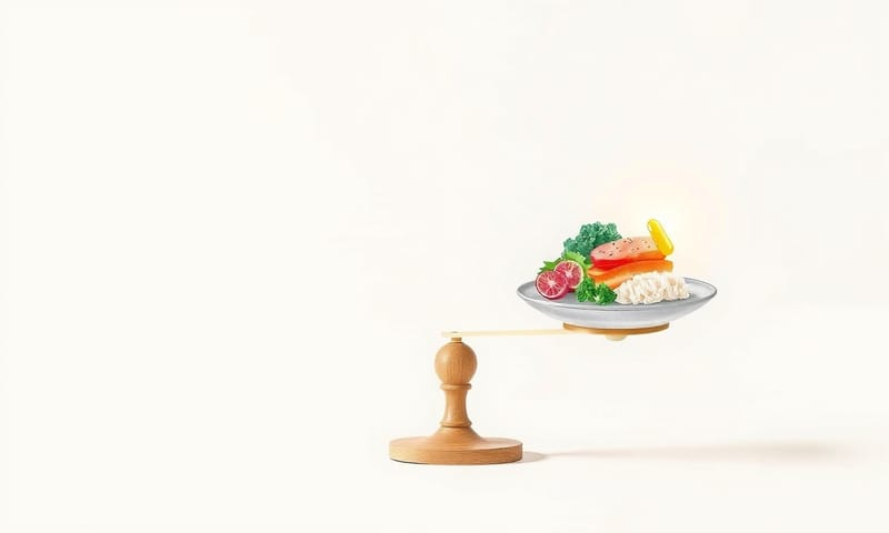 一個象徵均衡飲食與補充品之間平衡的抽象圖像。